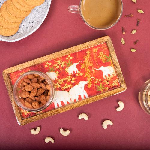 Wooden Tray With Elephant Print Design