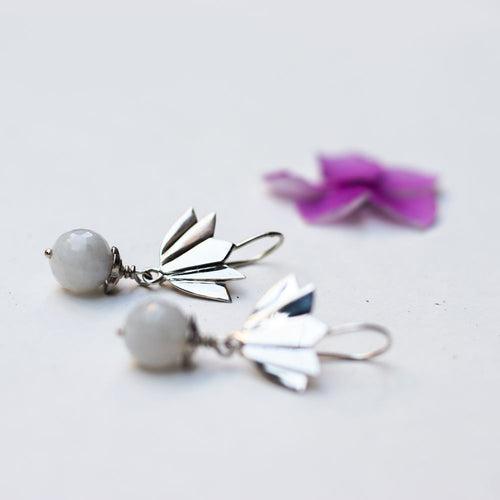 Silver Earring Lotus with Moonstone Bead