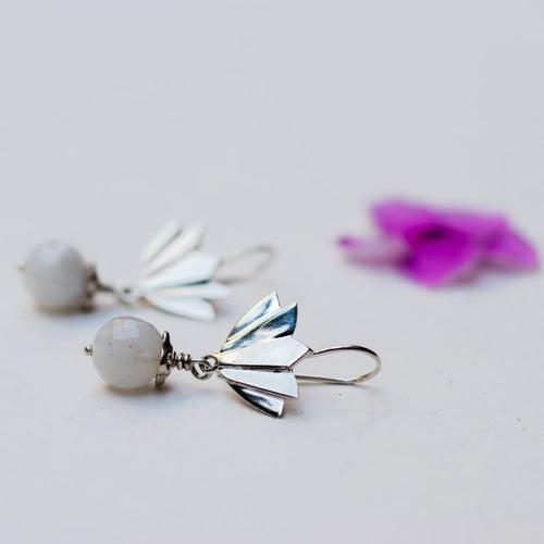 Silver Earring Lotus with Moonstone Bead