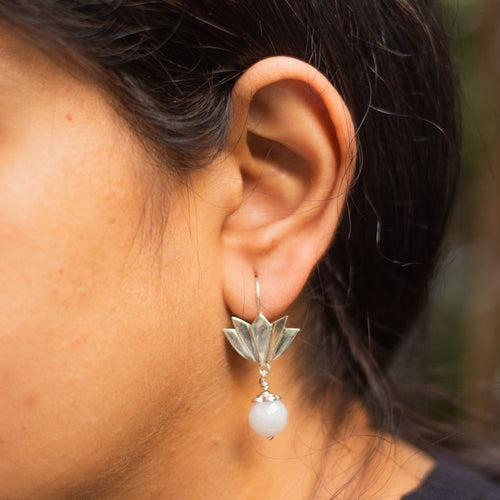 Silver Earring Lotus with Moonstone Bead