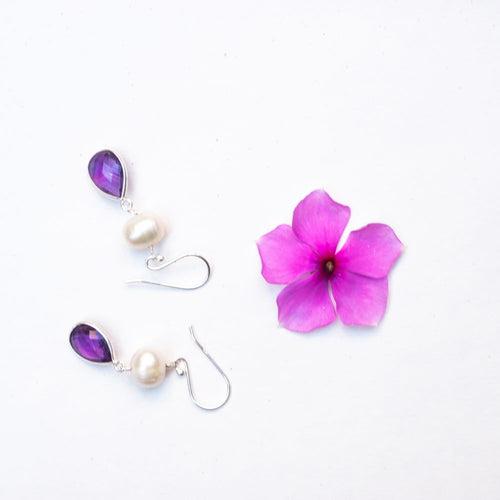 Silver Earring Pearl Drops Amethyst