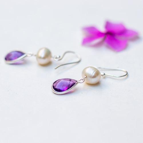 Silver Earring Pearl Drops Amethyst