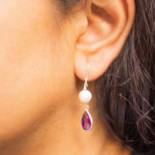 Silver Earring Pearl Drops Amethyst