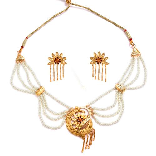 Aadya - White Beaded Ranihar Necklace Set