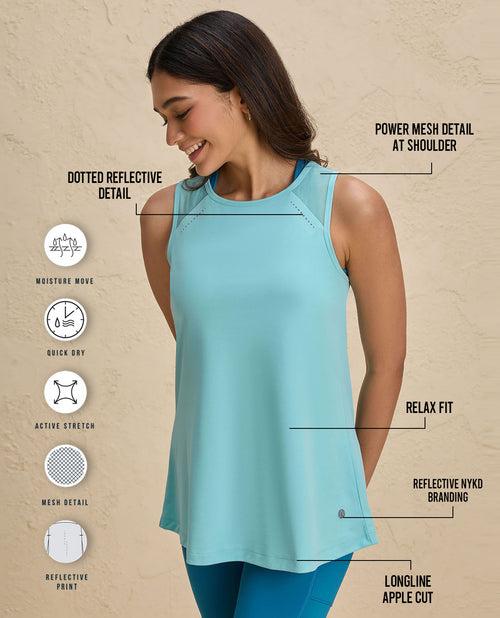 Nykd By Nykaa Quick Dry Longline Workout Tank Top -NYK032-Turquoise