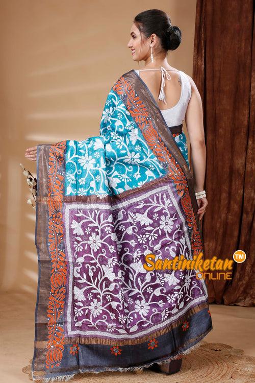 Zari Border Pure Tussar Silk Kantha Stitch Saree SN202314973