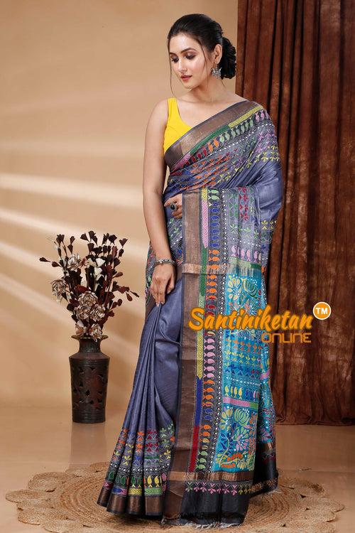 Zari Border Pure Tussar Silk Kantha Stitch Saree SN202415357