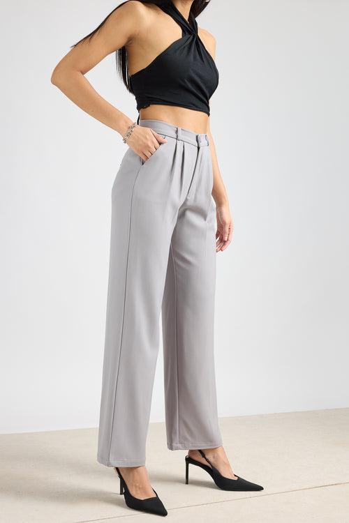 Light grey pleated straight fit korean pant