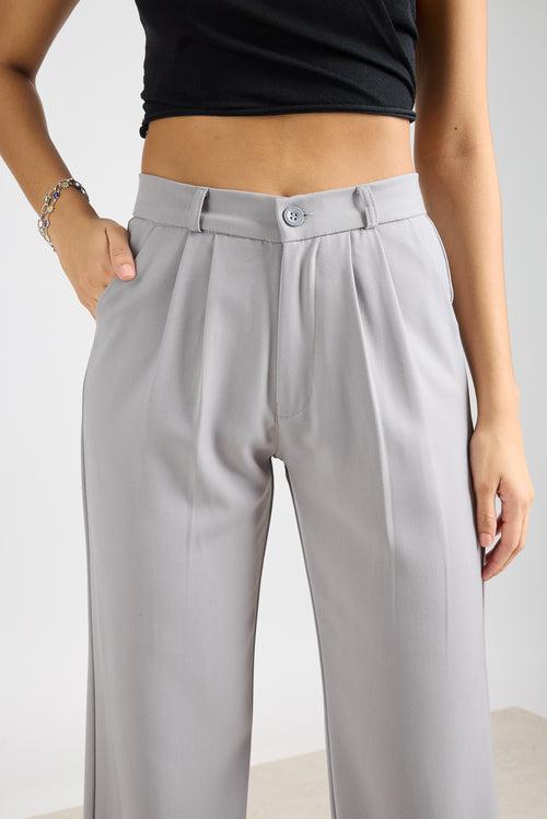 Light grey pleated straight fit korean pant