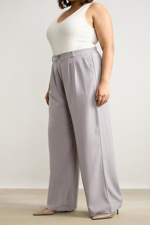 LIGHT GREY PLEATED STRAIGHT FIT CURVE KOREAN PANT