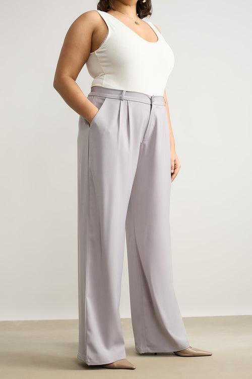 LIGHT GREY PLEATED STRAIGHT FIT CURVE KOREAN PANT