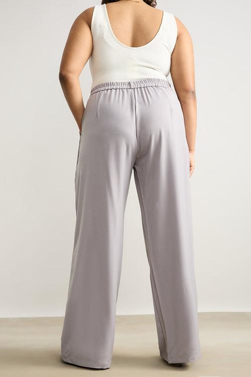 LIGHT GREY PLEATED STRAIGHT FIT CURVE KOREAN PANT