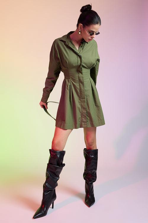 OLIVE GREEN COTTON SHIRT DRESS