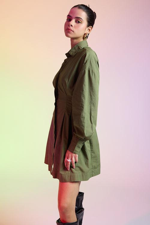 OLIVE GREEN COTTON SHIRT DRESS