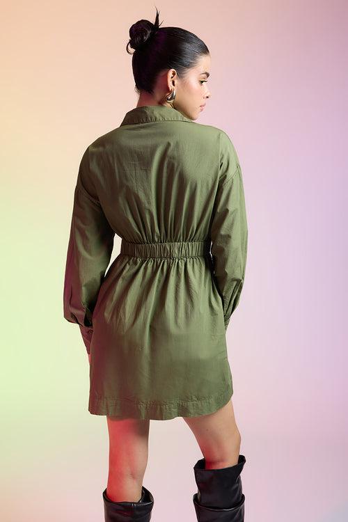 OLIVE GREEN COTTON SHIRT DRESS