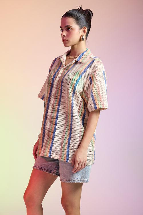 TEXTURED CROCHET WOMEN'S SHIRT- MULTICOLOR BANDS