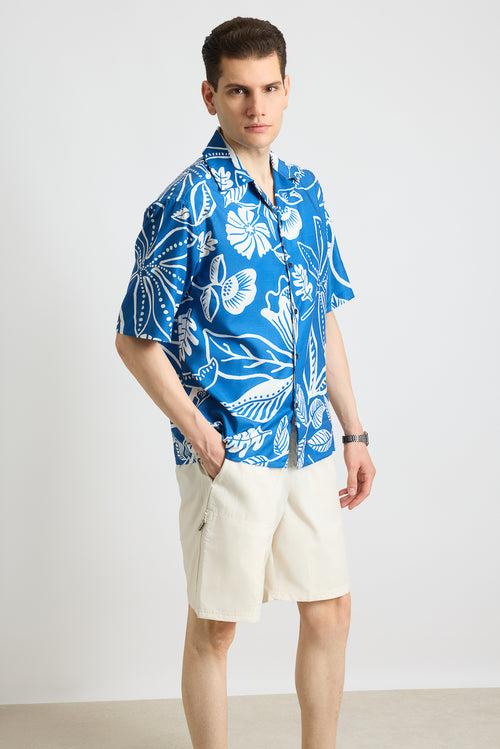 BLUE FLOWER PRINT MEN'S RESORT SHIRT