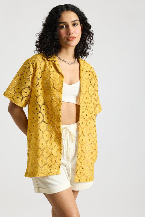 TEXTURED CROCHET WOMEN'S SHIRT-YELLOW