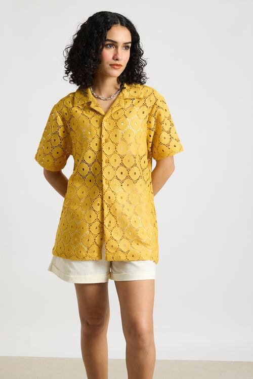 TEXTURED CROCHET WOMEN'S SHIRT-YELLOW