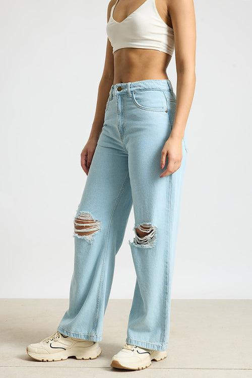 AQUA HAZE DISTRESSED HIGH-RISE JEANS