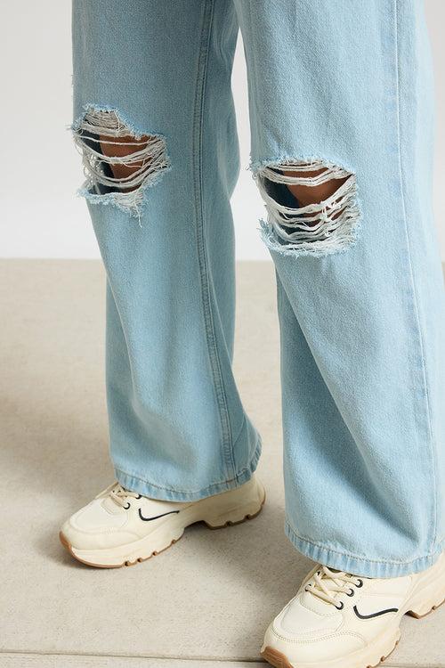 AQUA HAZE DISTRESSED HIGH-RISE JEANS