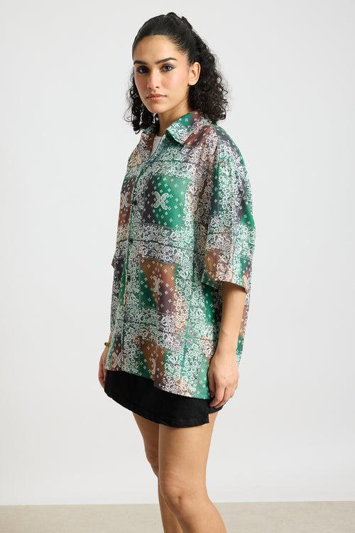 GREEN MULTI PRINT WOMEN'S RESORT SHIRT