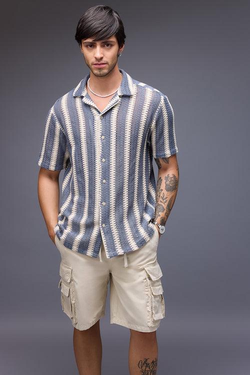 TEXTURED CROCHET MEN'S SHIRT - BLUE/WHITE BANDS