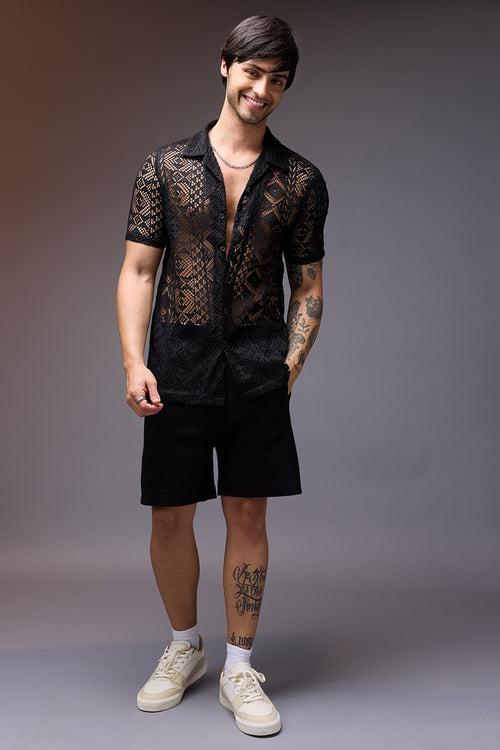 TEXTURED CROCHET MEN'S SHIRT- BLACK