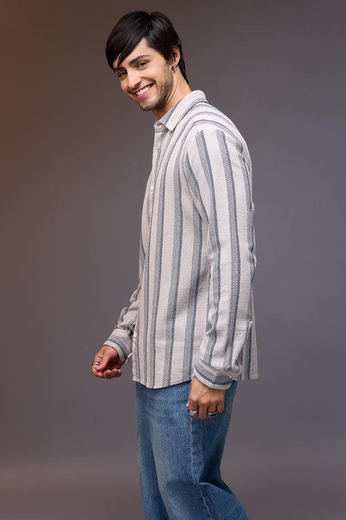 TEXTURED KNIT FULL SLEEVES SHIRT-GREY/BLUE STRIPES