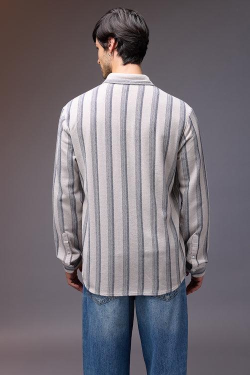 TEXTURED KNIT FULL SLEEVES SHIRT-GREY/BLUE STRIPES