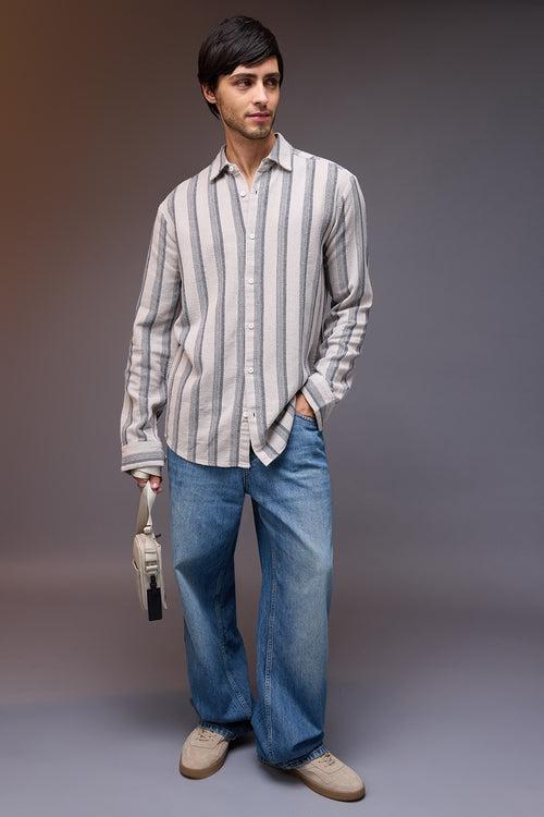 TEXTURED KNIT FULL SLEEVES SHIRT-GREY/BLUE STRIPES