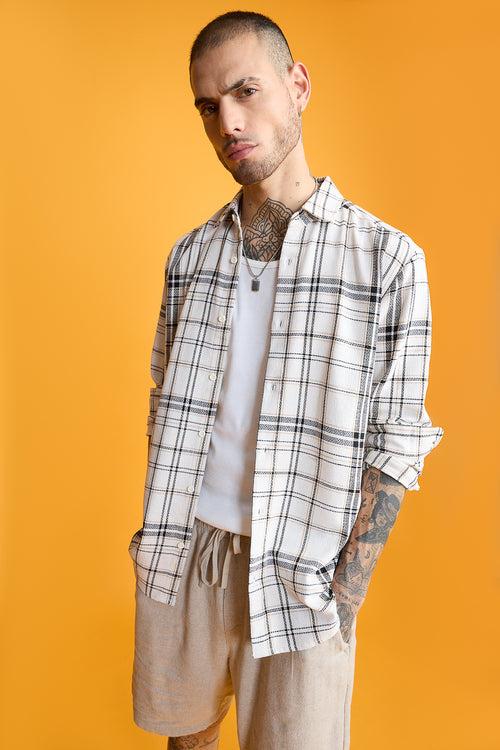 TEXTURED KNIT FULL SLEEVES SHIRT- WHITE/BLACK CHECKS