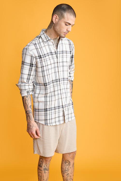 TEXTURED KNIT FULL SLEEVES SHIRT- WHITE/BLACK CHECKS