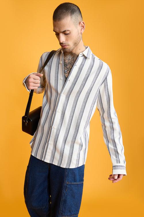 TEXTURED KNIT FULL SLEEVES SHIRT- WHITE/DARK NAVY STRIPES