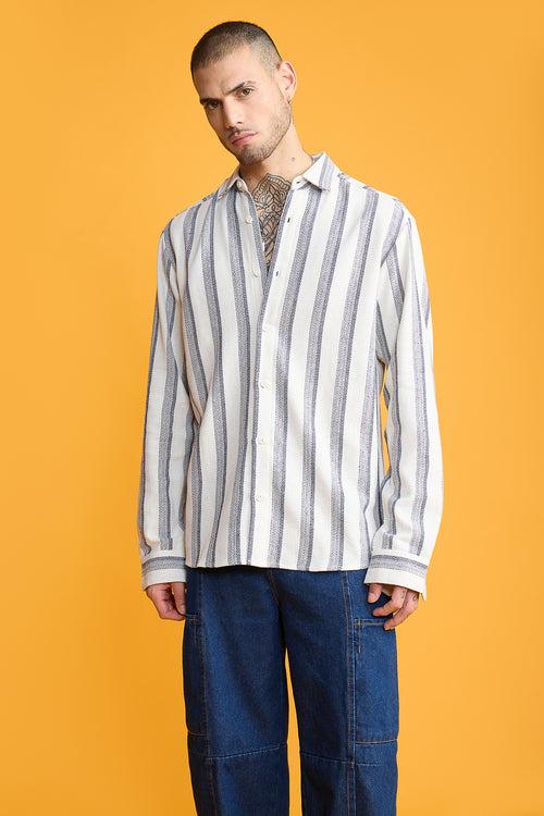 TEXTURED KNIT FULL SLEEVES SHIRT- WHITE/DARK NAVY STRIPES