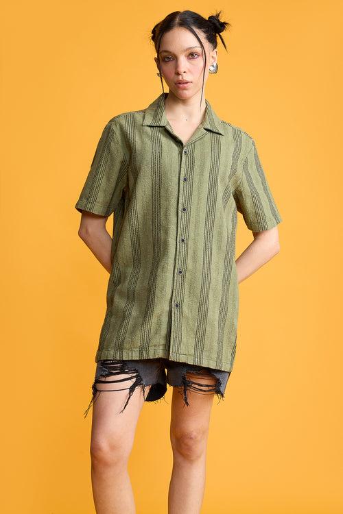 TEXTURED KNIT WOMEN'S SHIRT-OLIVE GREEN/BLACK STRIPES