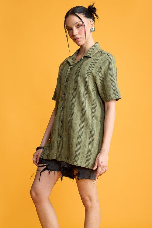 TEXTURED KNIT WOMEN'S SHIRT-OLIVE GREEN/BLACK STRIPES