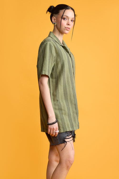 TEXTURED KNIT WOMEN'S SHIRT-OLIVE GREEN/BLACK STRIPES