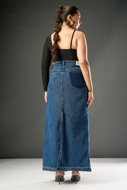 Dusk Blue Curve Mid Slit Maxi Skirt