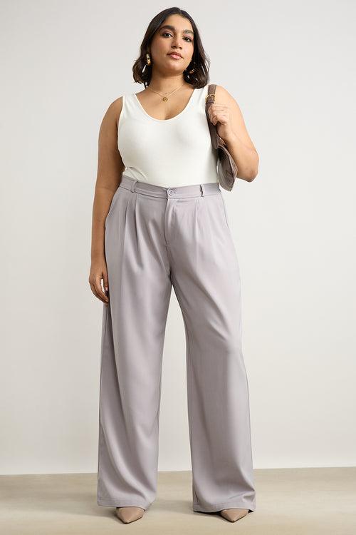 LIGHT GREY PLEATED STRAIGHT FIT CURVE KOREAN PANT