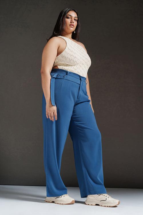 Radiant Blue Curve Strap Detailed Korean Pants