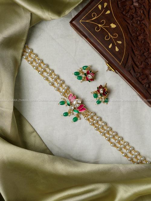 GREEN- Lotus enamel pearl -TRADITIONAL CHOKER COLLECTION WITH EARRINGS- LATEST JEWELLERY COLLECTION