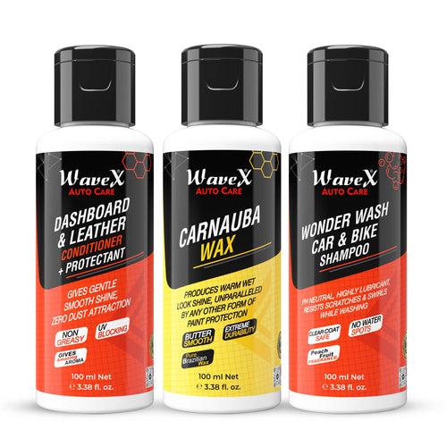 KIT-CDWW Carnauba Car Wax 100ml, Car Dashboard & Leather Conditioner+Protectant 100ml and Wonder Wash Car Shampoo 100ml Combo