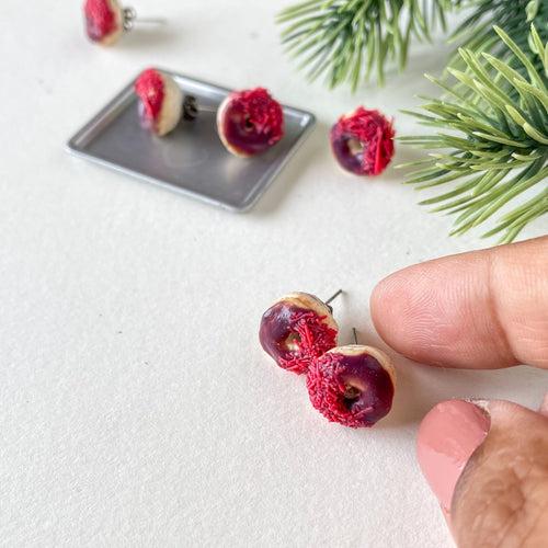 Chocolate Miniature Donuts with Red Sprinkles Food Ear Studs