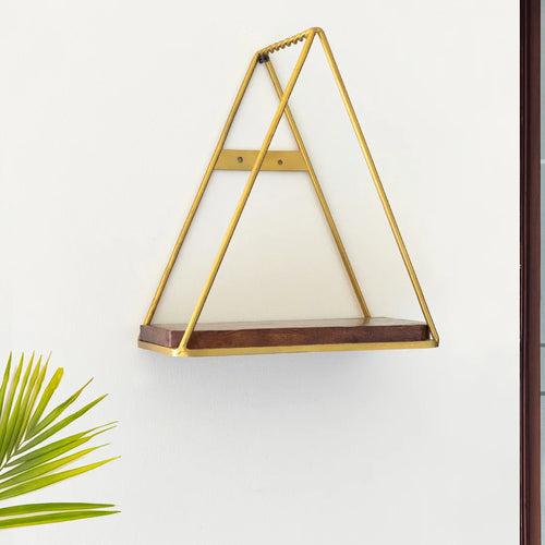 'Pyramid Floating' Wall Shelf In Iron & Mango Wood (11.4 Inch, Golden, Handcrafted)