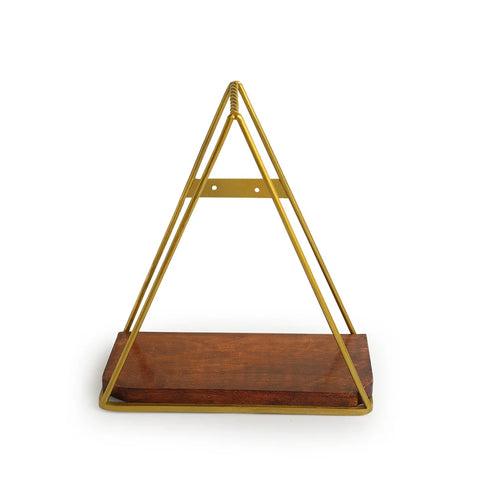 'Pyramid Floating' Wall Shelf In Iron & Mango Wood (11.4 Inch, Golden, Handcrafted)