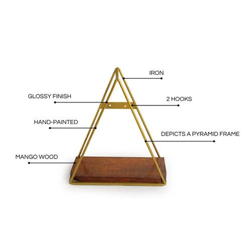 'Pyramid Floating' Wall Shelf In Iron & Mango Wood (11.4 Inch, Golden, Handcrafted)