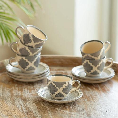 'Moroccan Essentials' Hand-Painted Ceramic Tea Cups & Saucers (Set of 6, 120 ml, Microwave Safe)