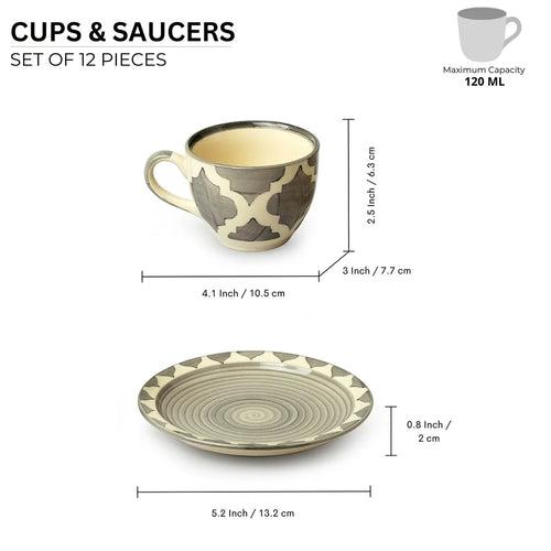 'Moroccan Essentials' Hand-Painted Ceramic Tea Cups & Saucers (Set of 6, 120 ml, Microwave Safe)