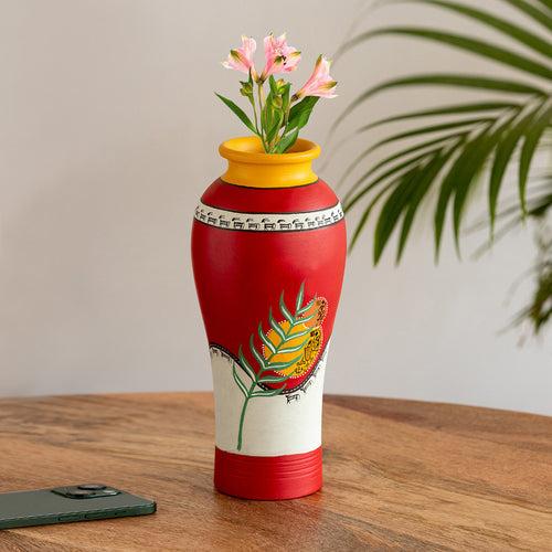 Leafy Warli Tales' Hand-Painted Terracotta Vase (Red)